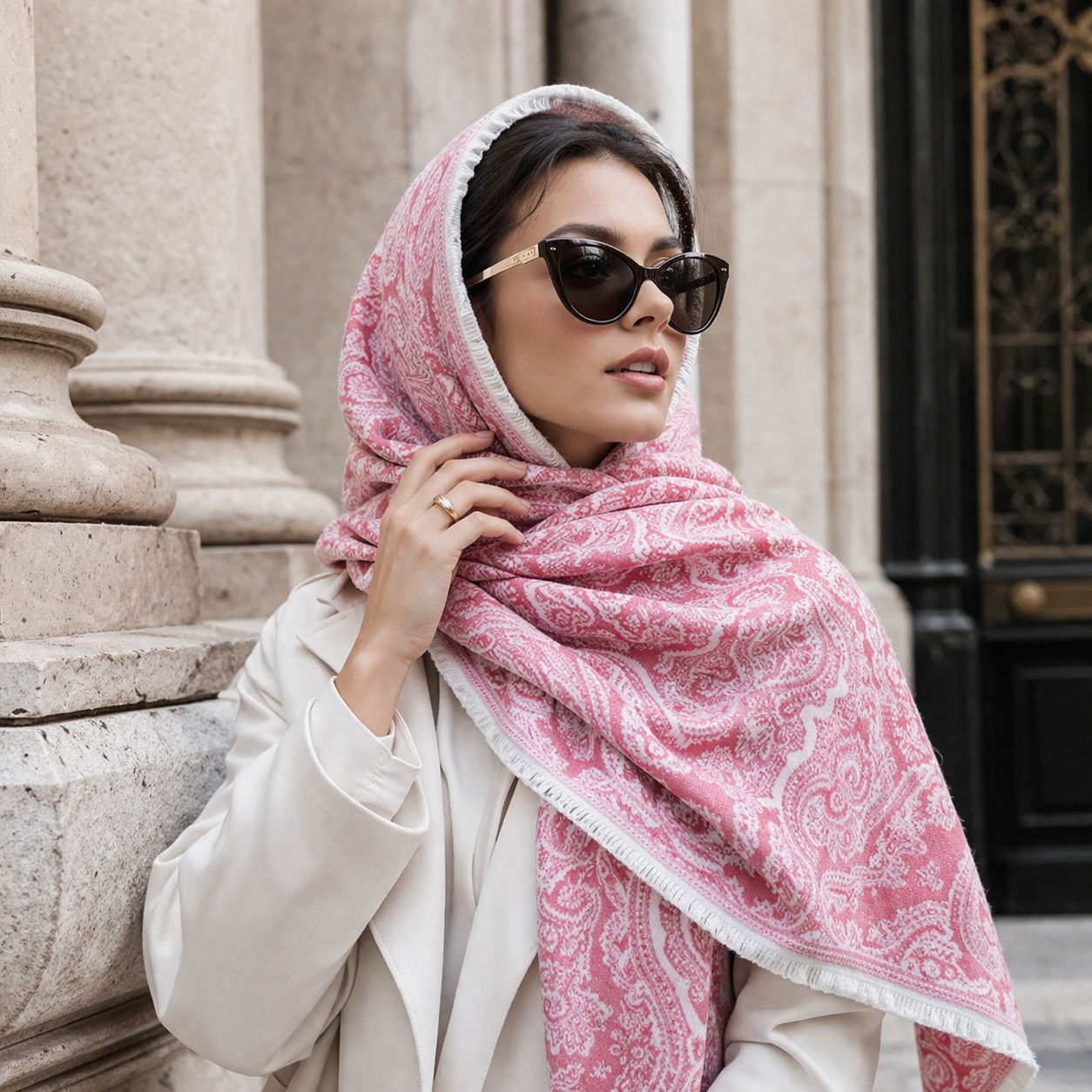 Pale Red Damask Pattern Cotton Scarf